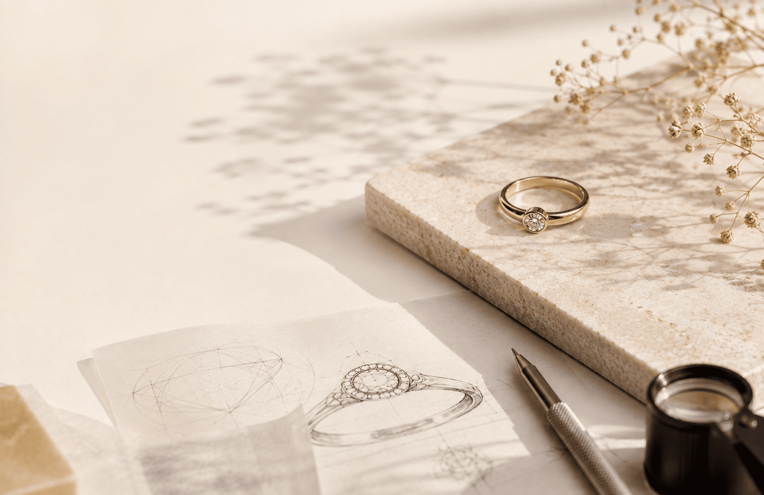 Bespoke jewellery design process with ring sketch, finished ring and jewellery tools