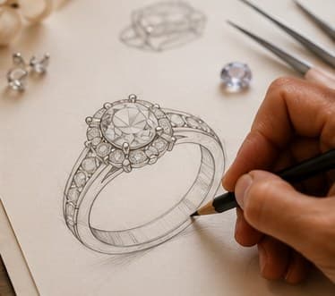 Hand-drawn pencil sketch of a ring design