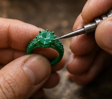 Jeweller engraving a green wax ring model