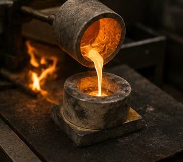 Molten metal being poured during the casting process