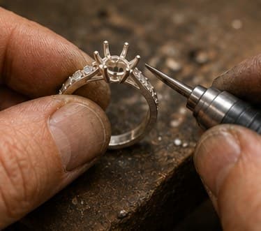 Jeweller shaping the prongs of a ring to hold a stone