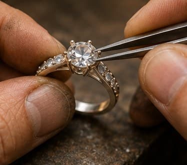 Jeweller carefully setting a diamond into a ring with tweezers