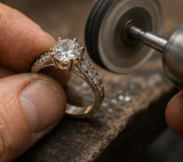 Ring being polished on a polishing wheel
