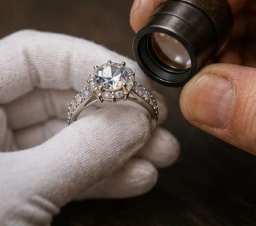 Jeweller inspecting a finished ring with a loupe, wearing white gloves