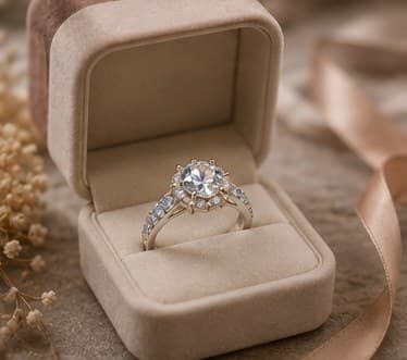 Finished ring presented in an open velvet box with ribbon