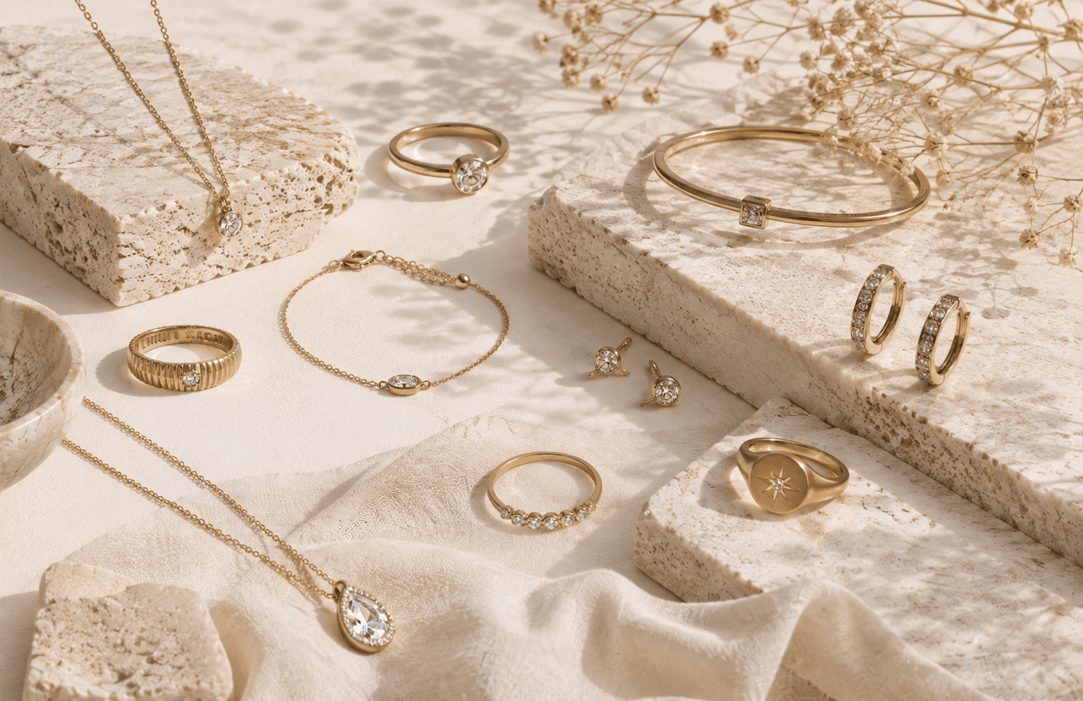 LIDYA jewellery collection arranged on natural stone with rings, earrings, bracelets and necklaces