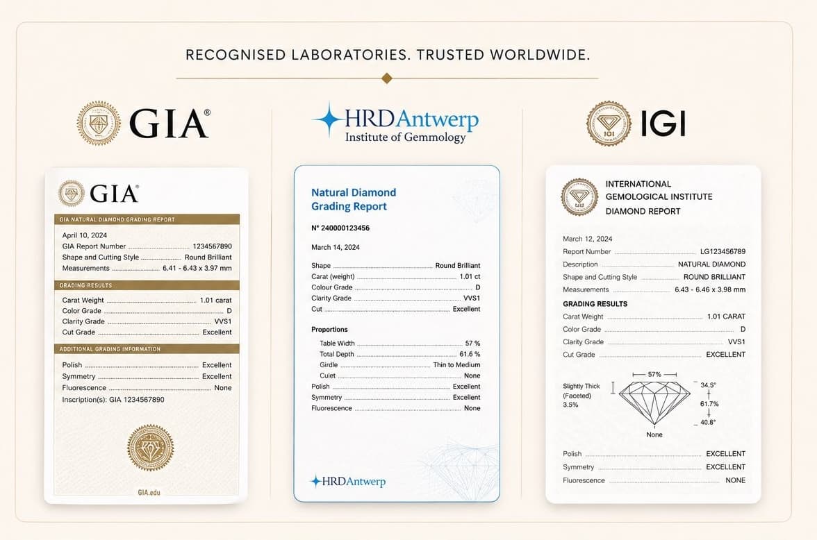 Sample diamond grading certificates from GIA, HRD Antwerp and IGI