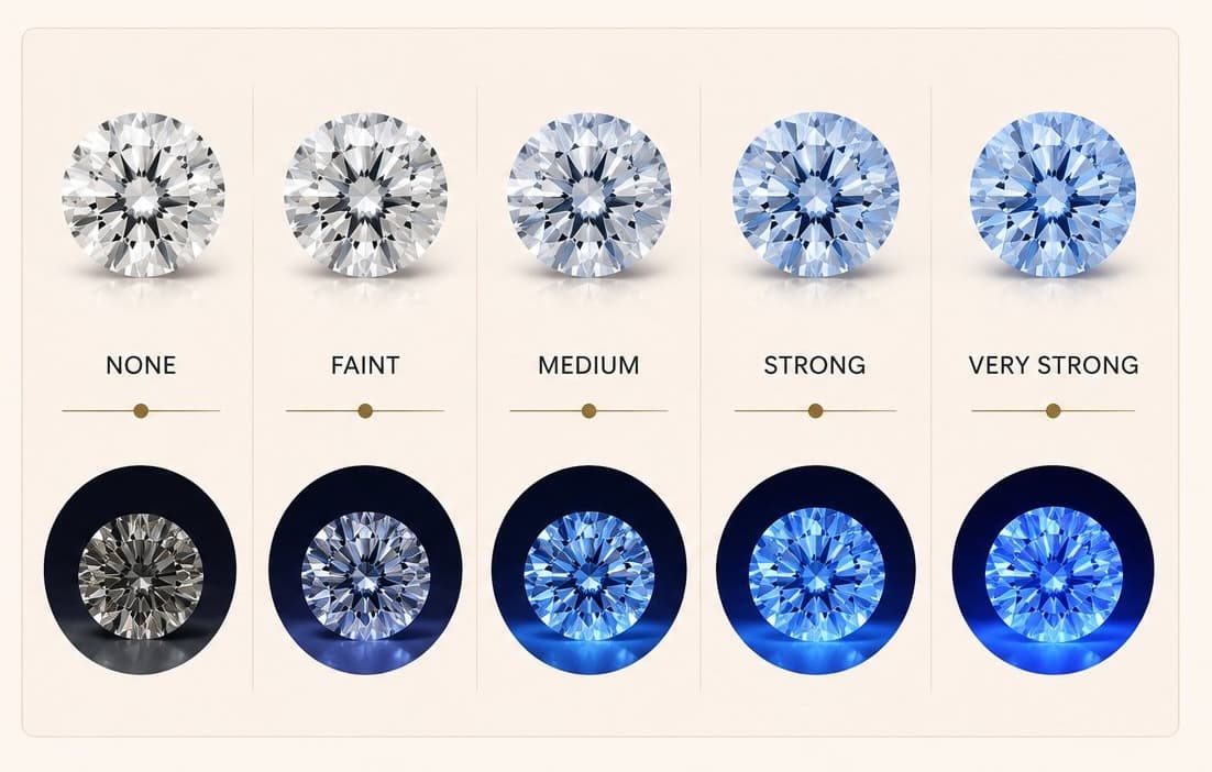 Diamond fluorescence levels under UV light, from none to very strong