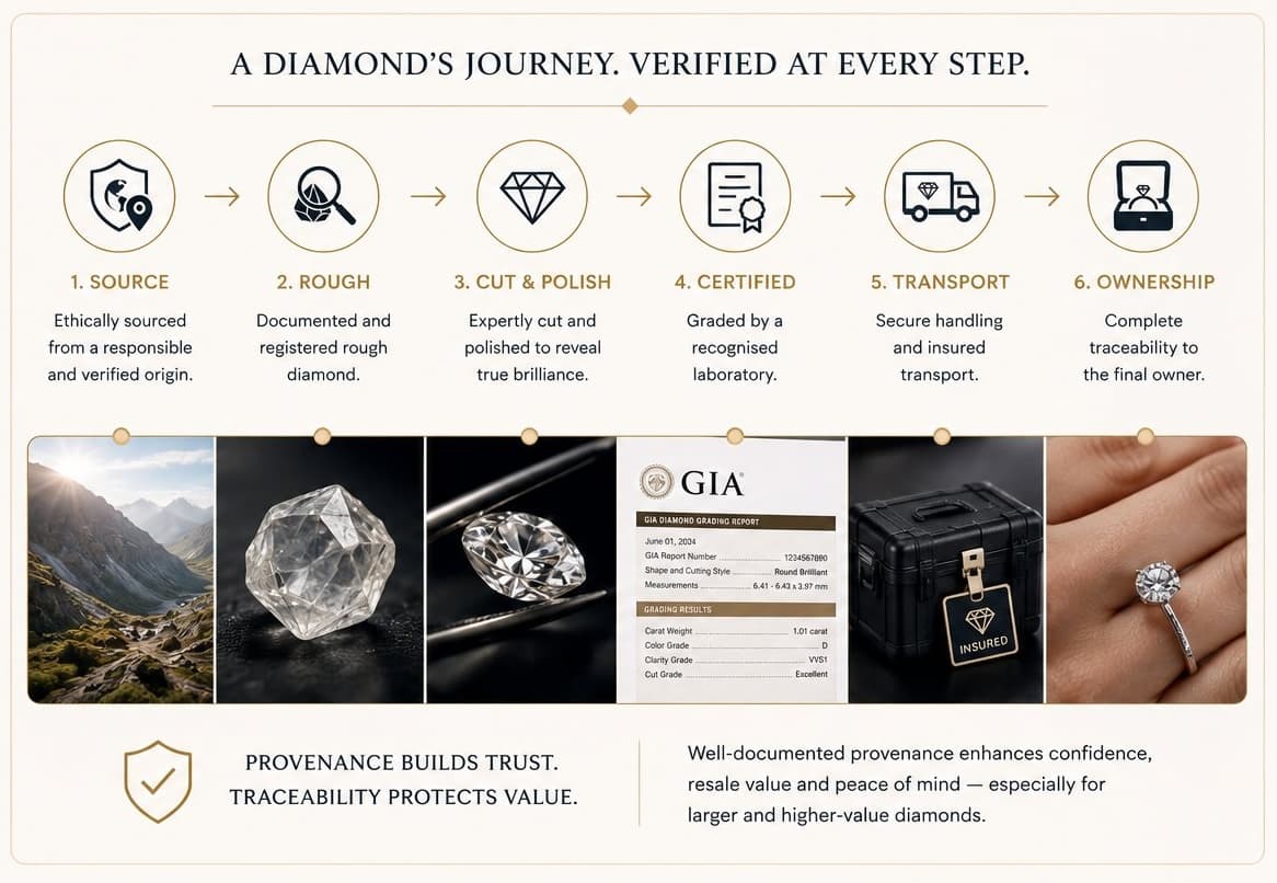 A diamond's journey from sourcing through cutting, certification and transport to final ownership