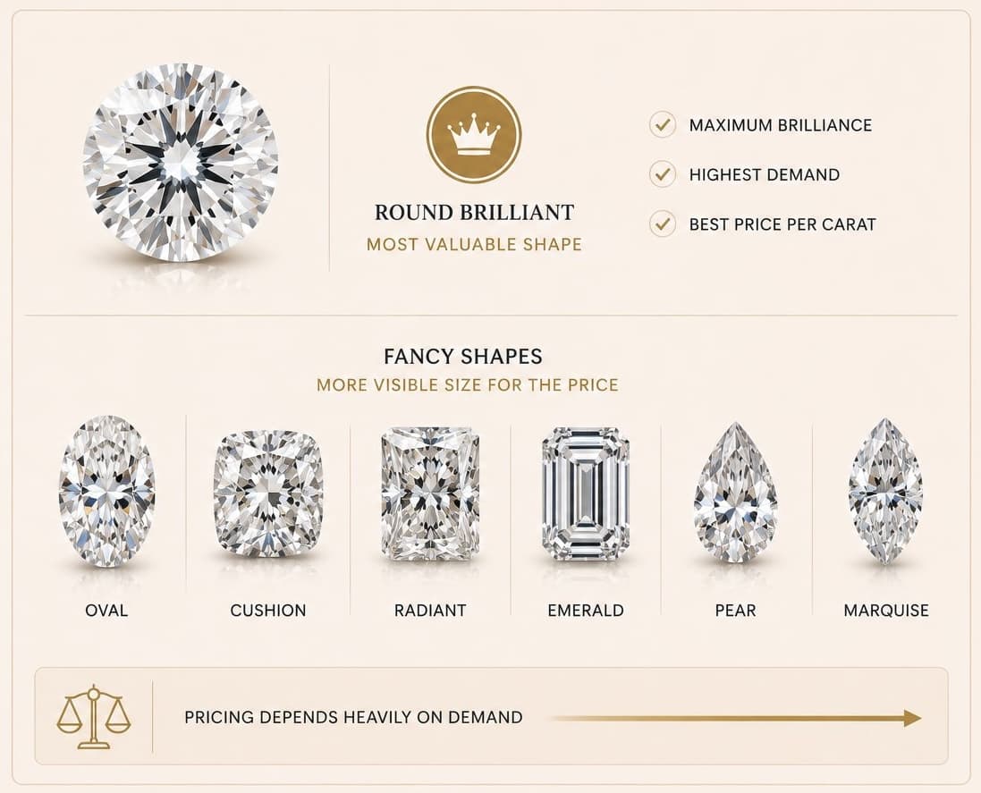 Round brilliant diamond compared to fancy shapes: oval, cushion, radiant, emerald, pear, marquise