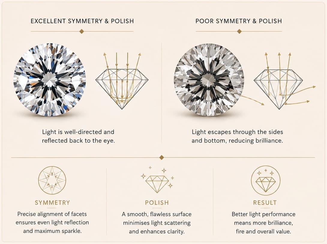 Comparison of excellent versus poor diamond symmetry and polish, and their effect on light return