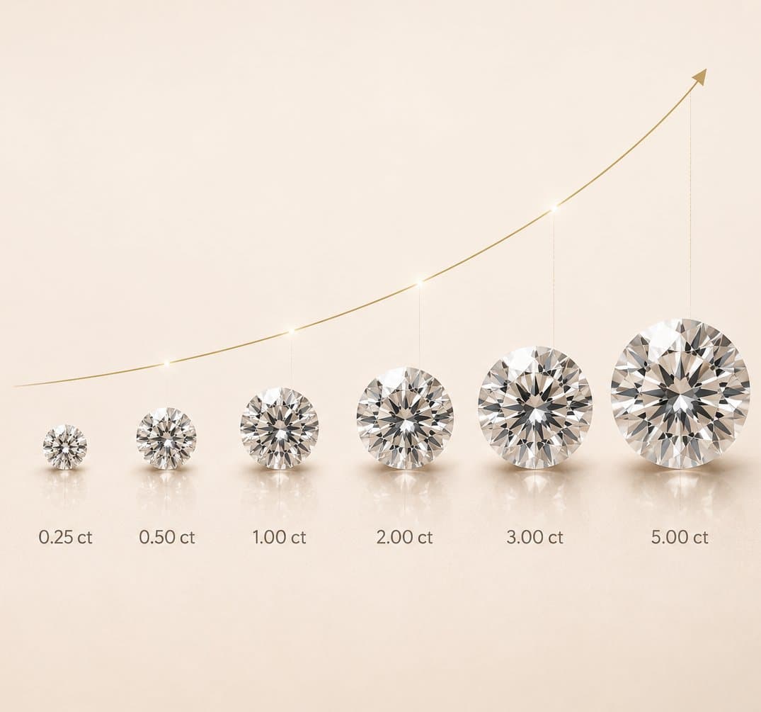 Diamond carat weight comparison chart, 0.25ct to 5.00ct