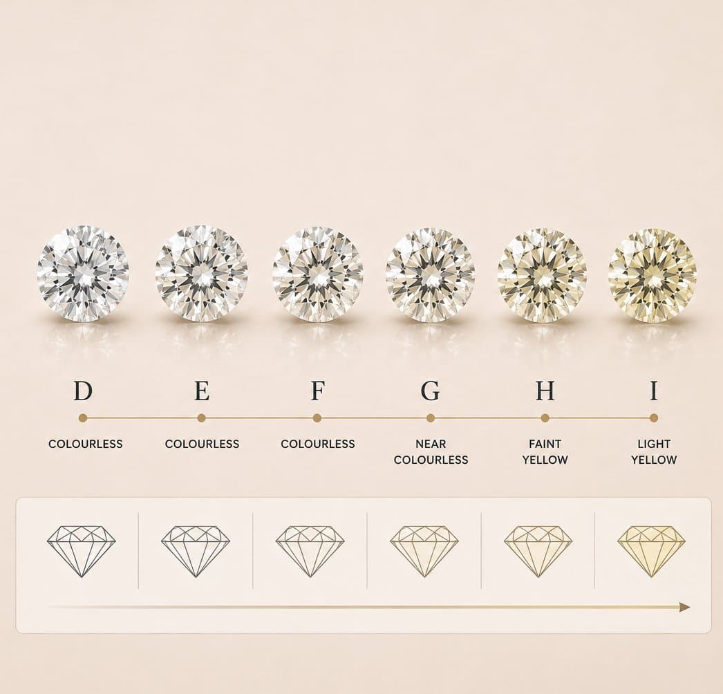 Diamond colour grading scale from D (colourless) to I (light yellow)