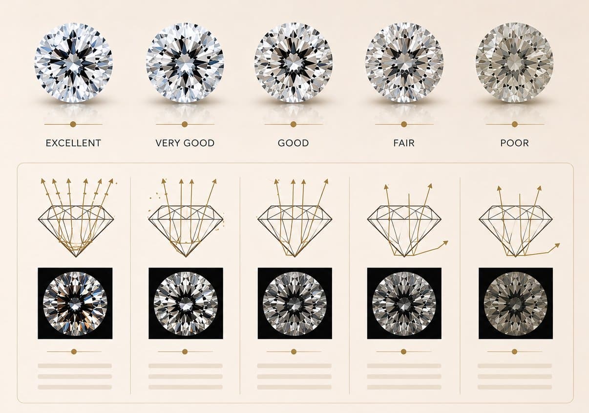 Diamond cut grading scale from Excellent to Poor, showing light performance
