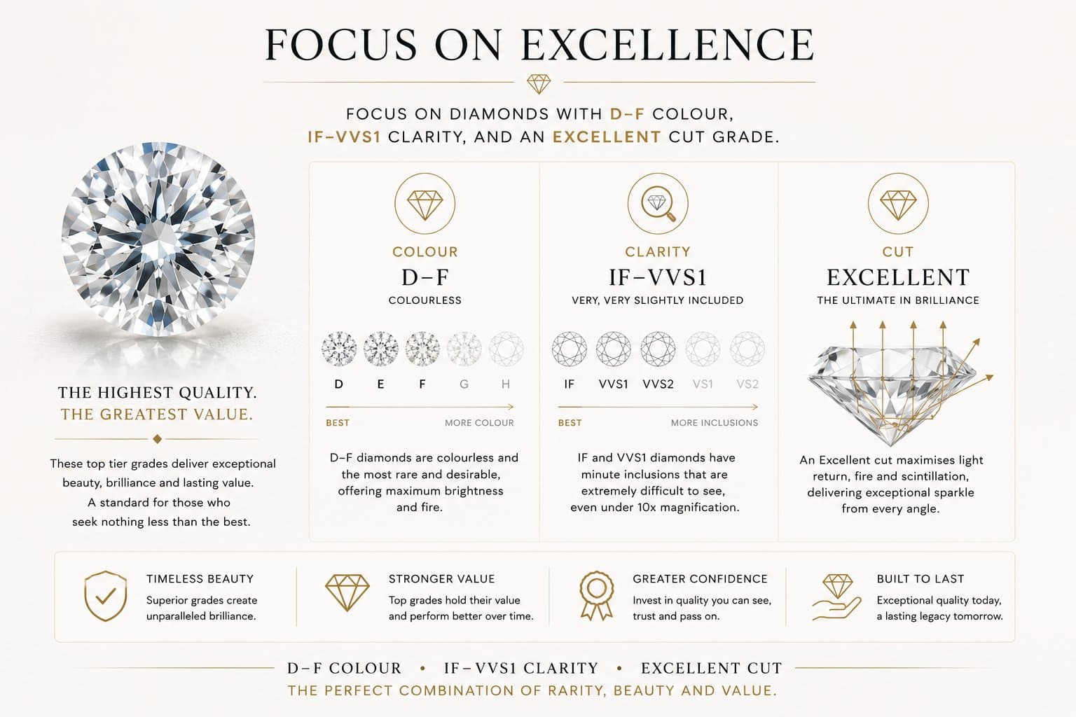 Premium diamond characteristics including D–F colour, IF–VVS clarity and Excellent cut