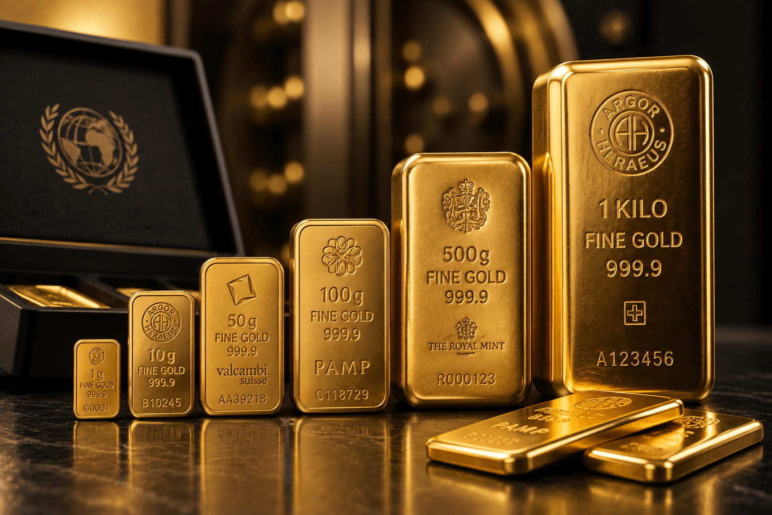 Gold bars of different weights, including 10oz, 20oz, 500g and 1 kilo