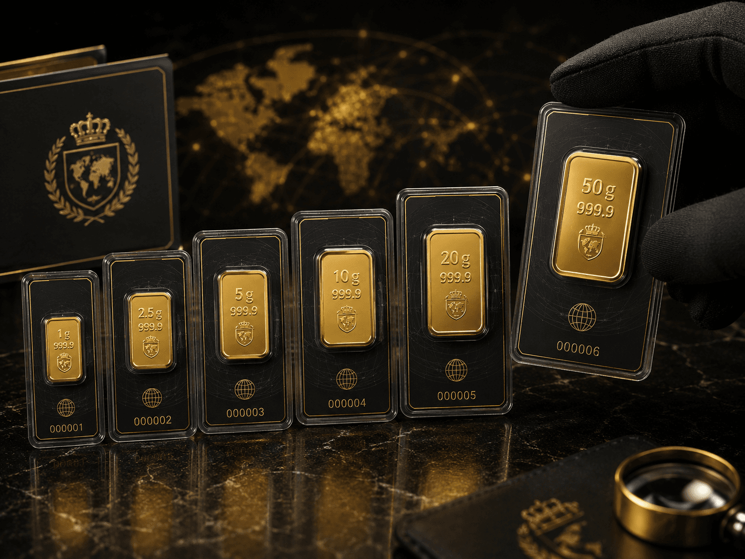 Small gold bars sealed in tamper-evident assay cards, with raw gold nuggets