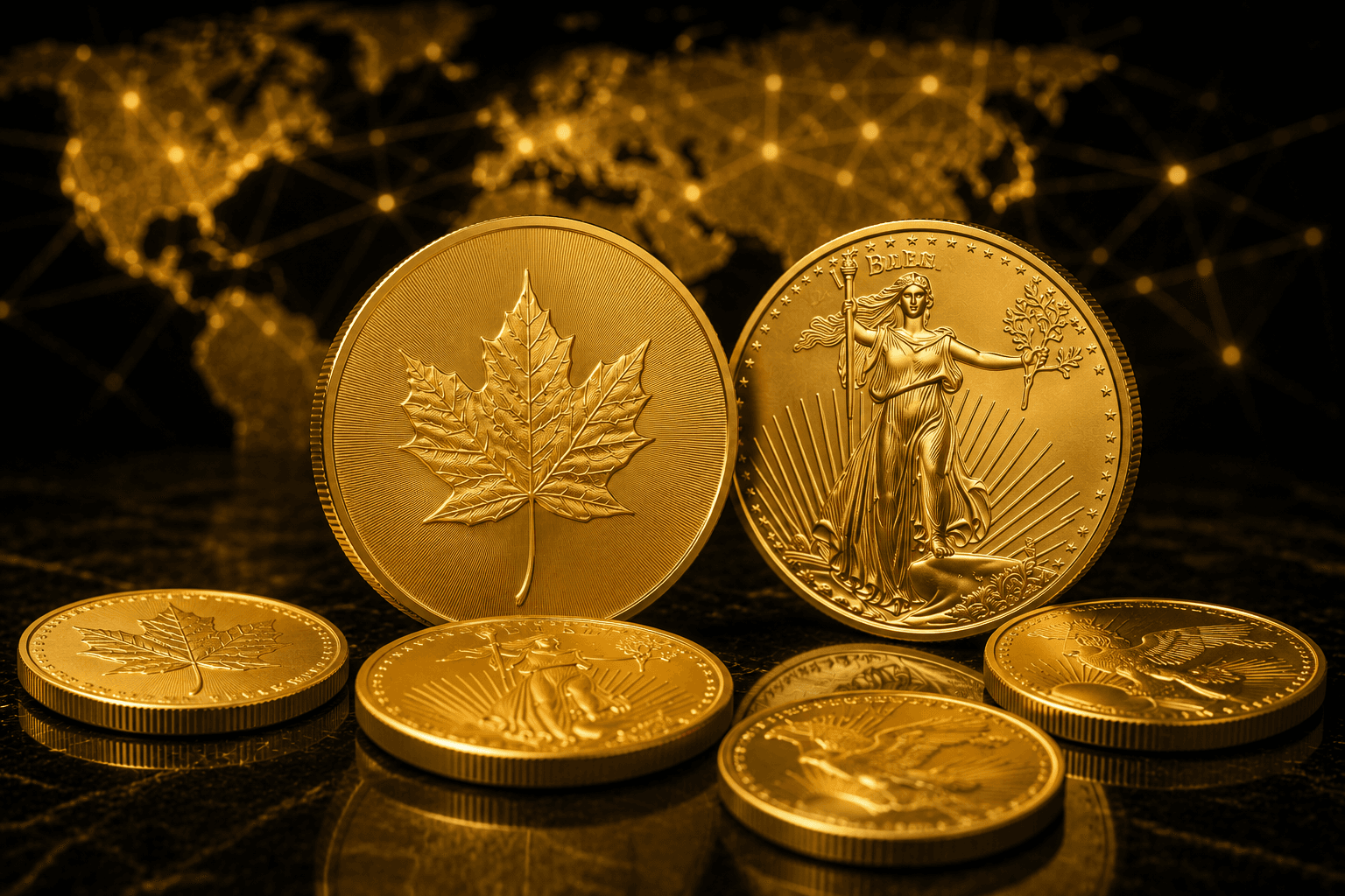 Gold coins of increasing size, including Maple Leaf and American Eagle designs