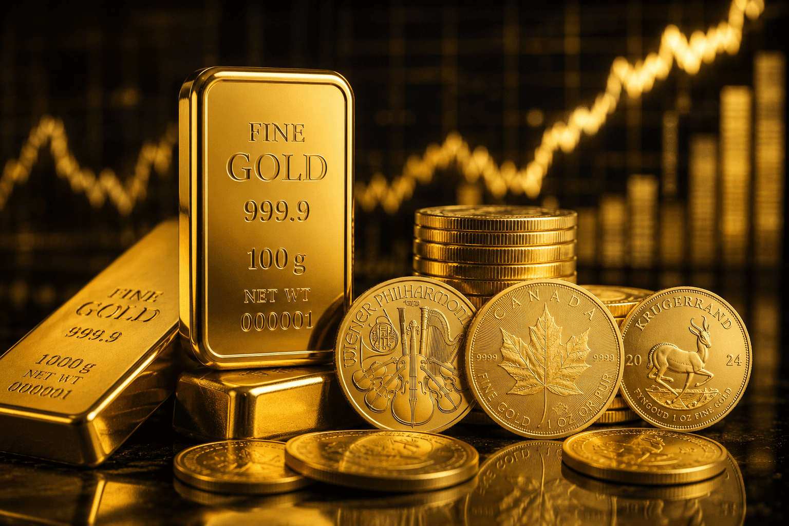 Fine gold bars and investment coins