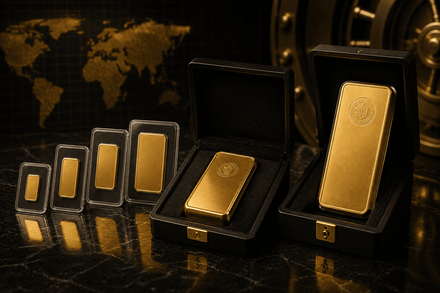 Larger gold bars presented in protective cases, from 10oz to 1 kilo