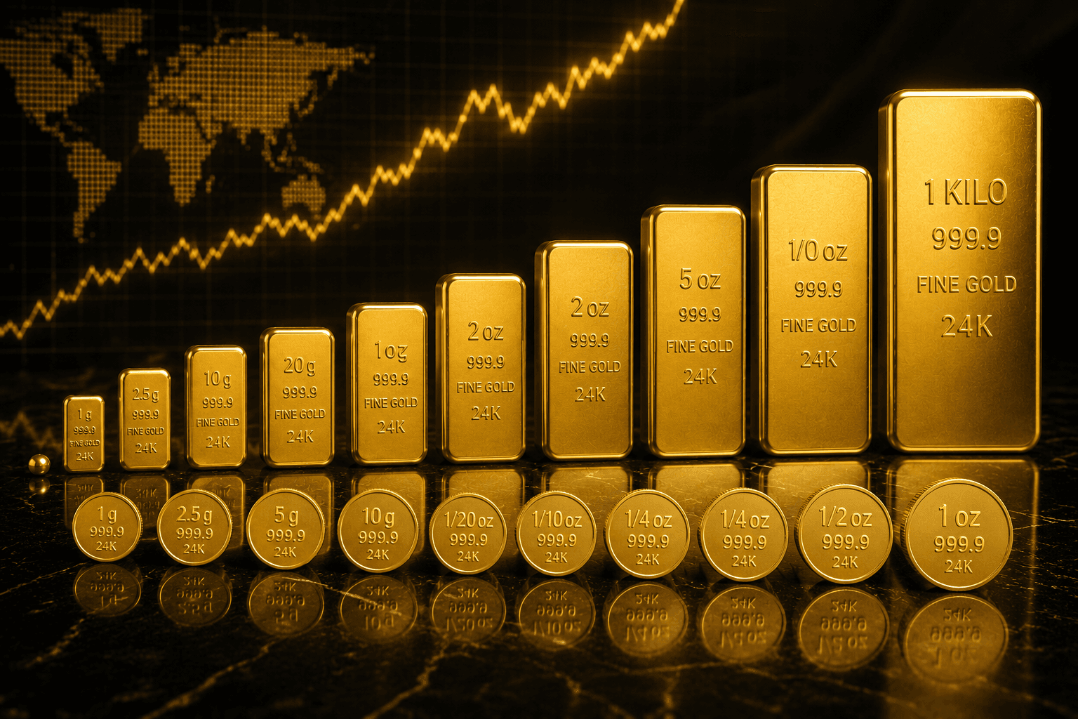 A full range of gold bars from 1 gram to 1 kilogram, arranged by size