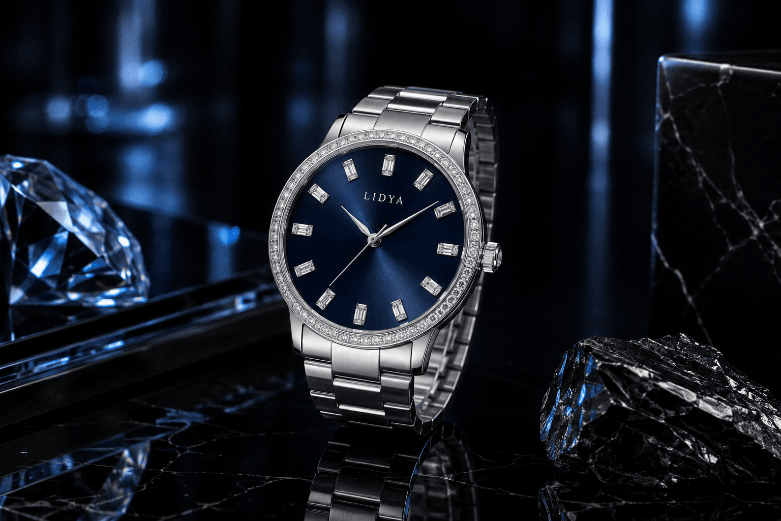 Luxury diamond watch with refined proportions