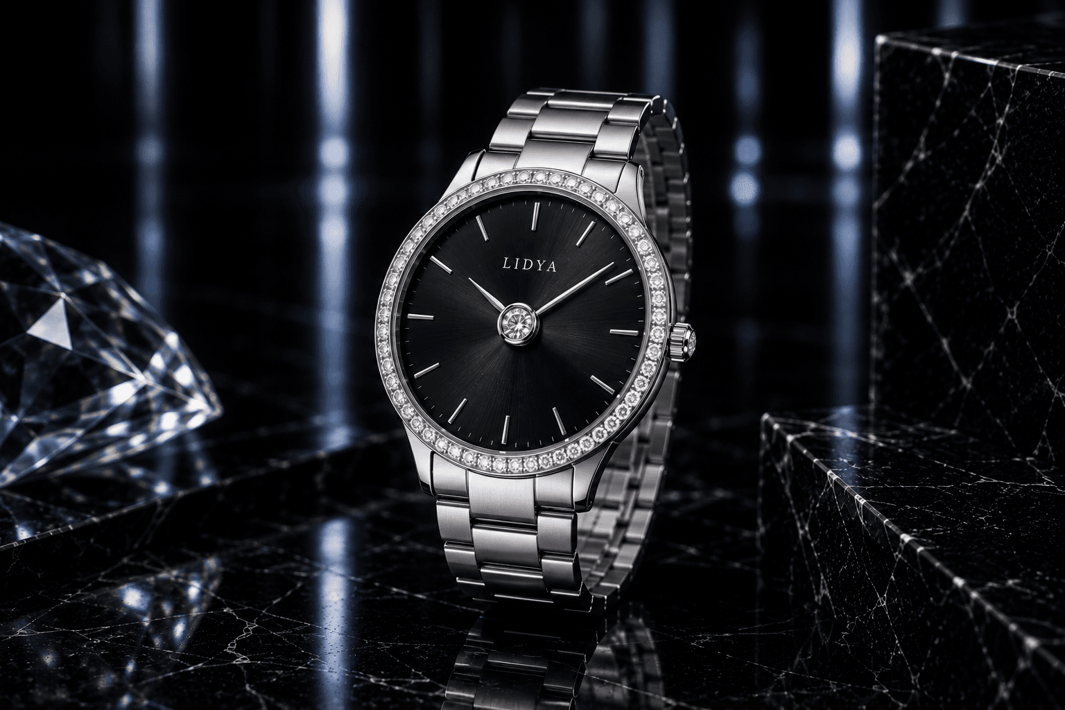 Close detail of diamonds on a luxury watch