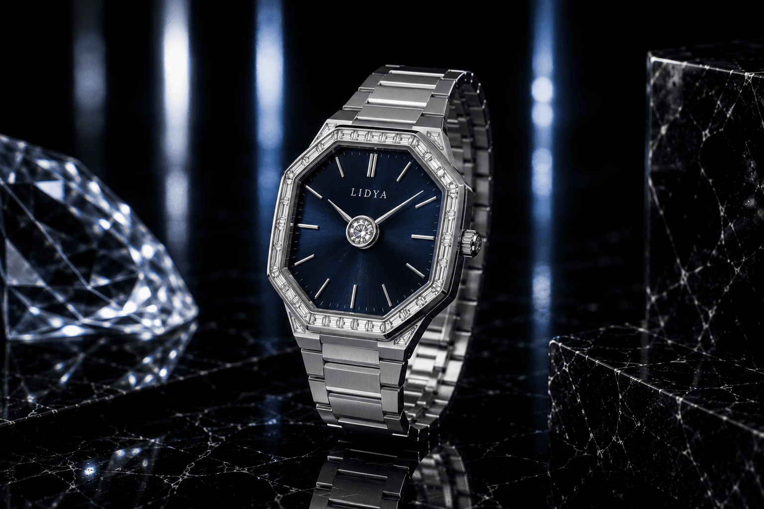 Diamond watch with refined case architecture