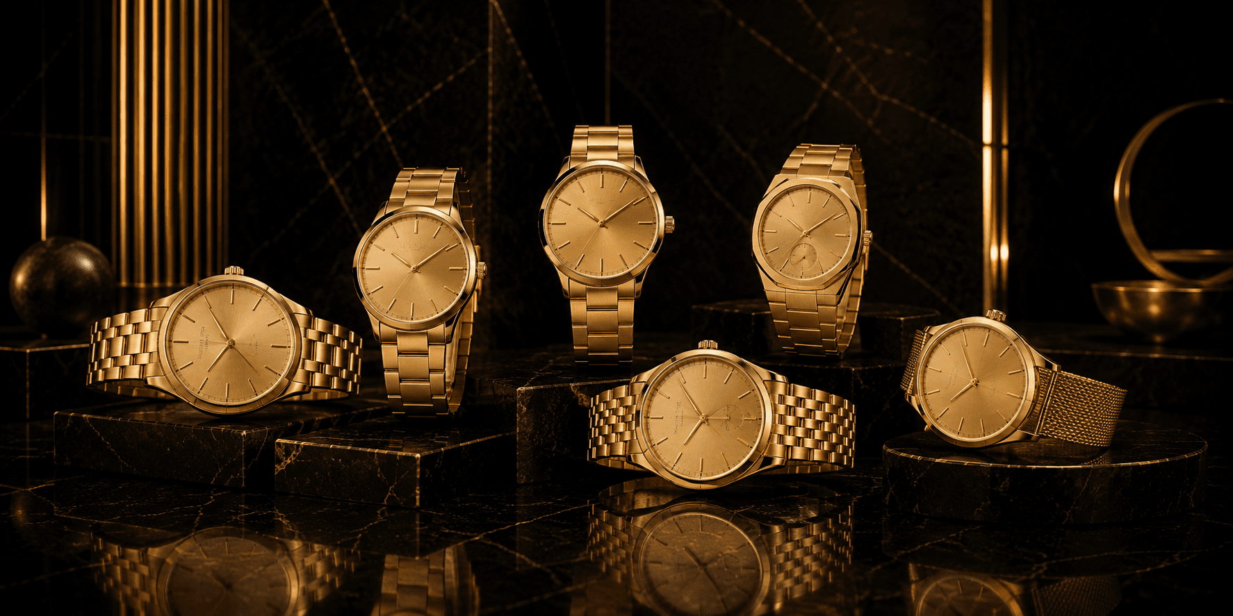 Luxury gold watches presented in a dark refined LIDYA setting