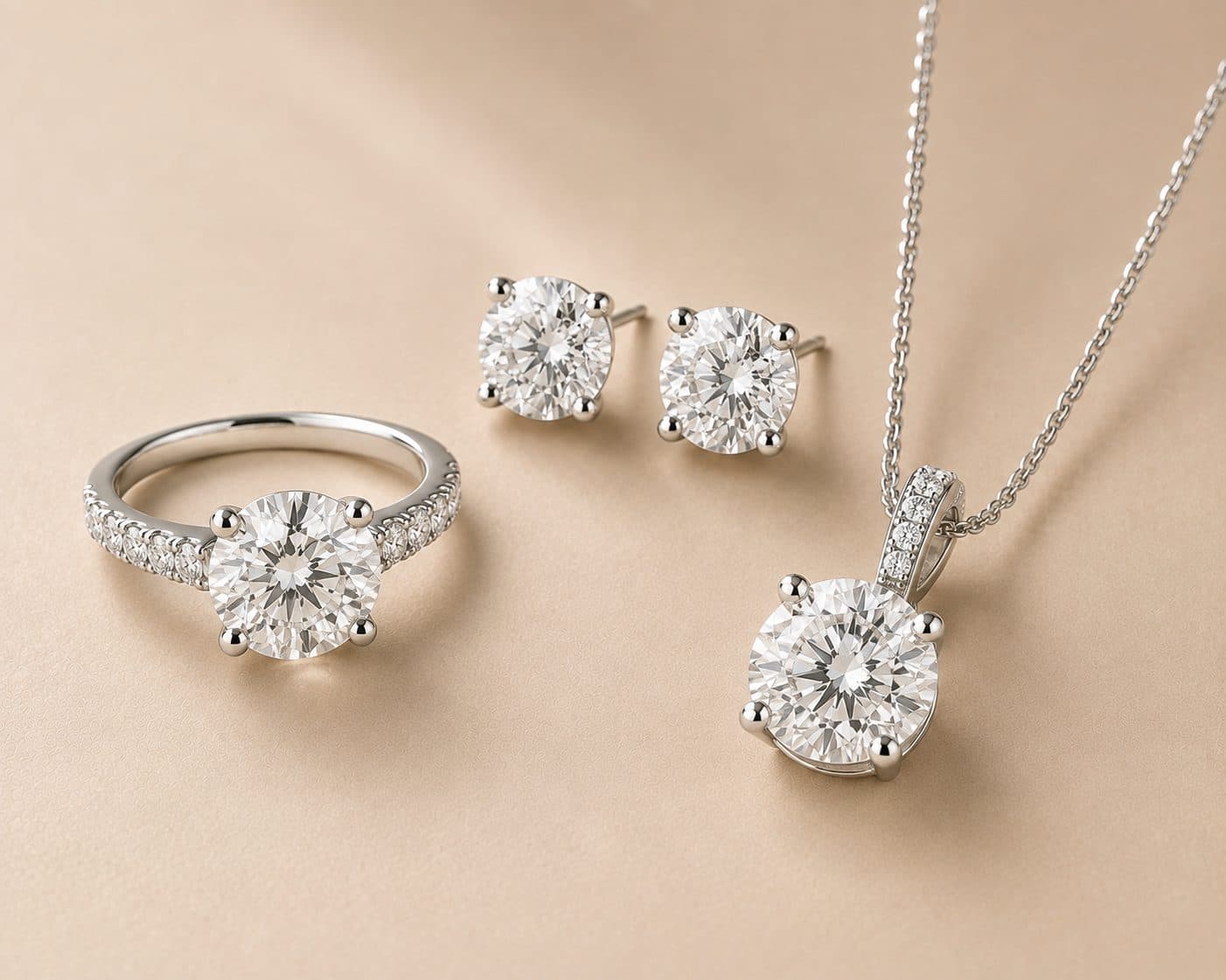 Matching diamond ring, earrings and necklace set