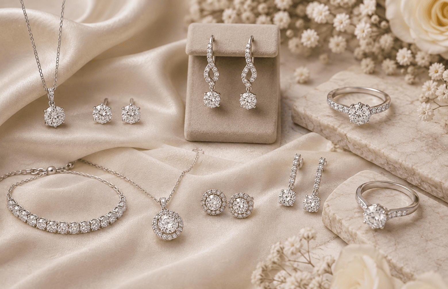 LIDYA Brilliants diamond jewellery collection arranged on champagne fabric and natural stone