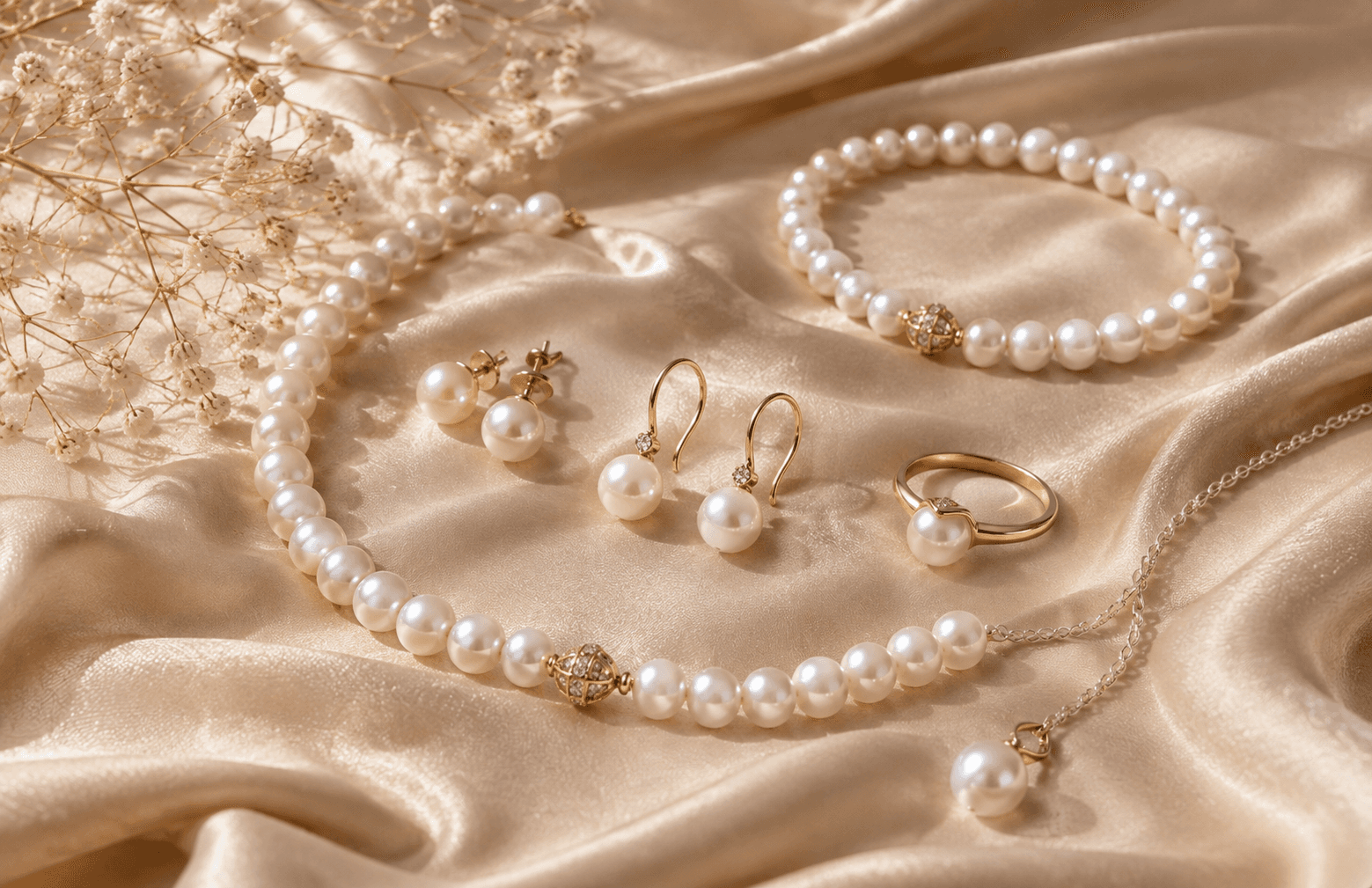 LIDYA pearl jewellery collection arranged on champagne silk