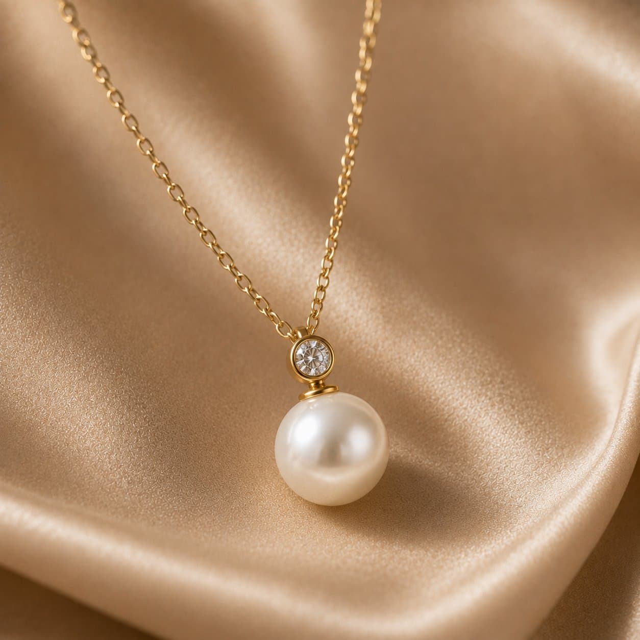 Single pearl pendant with a diamond accent on a gold chain