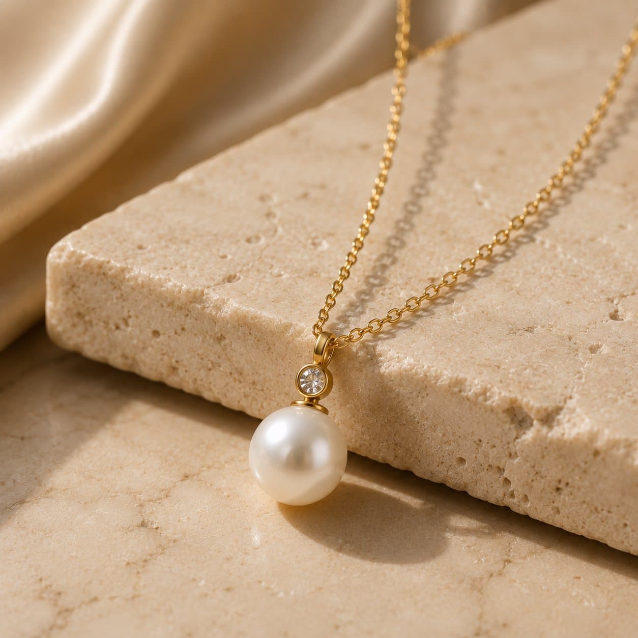 Pearl and diamond pendant resting on natural stone