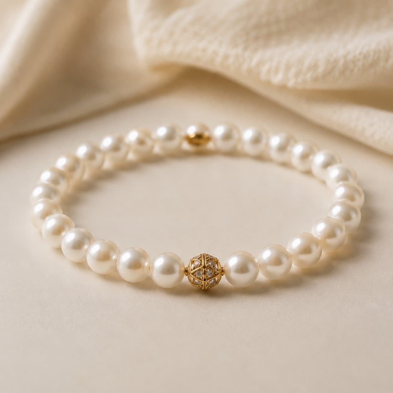 Pearl bracelet with a pavé gold and diamond bead