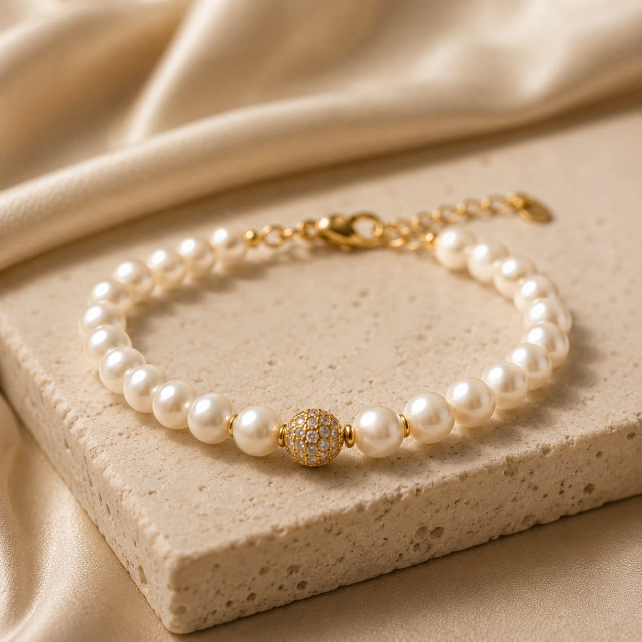 Pearl bracelet with an adjustable gold chain clasp