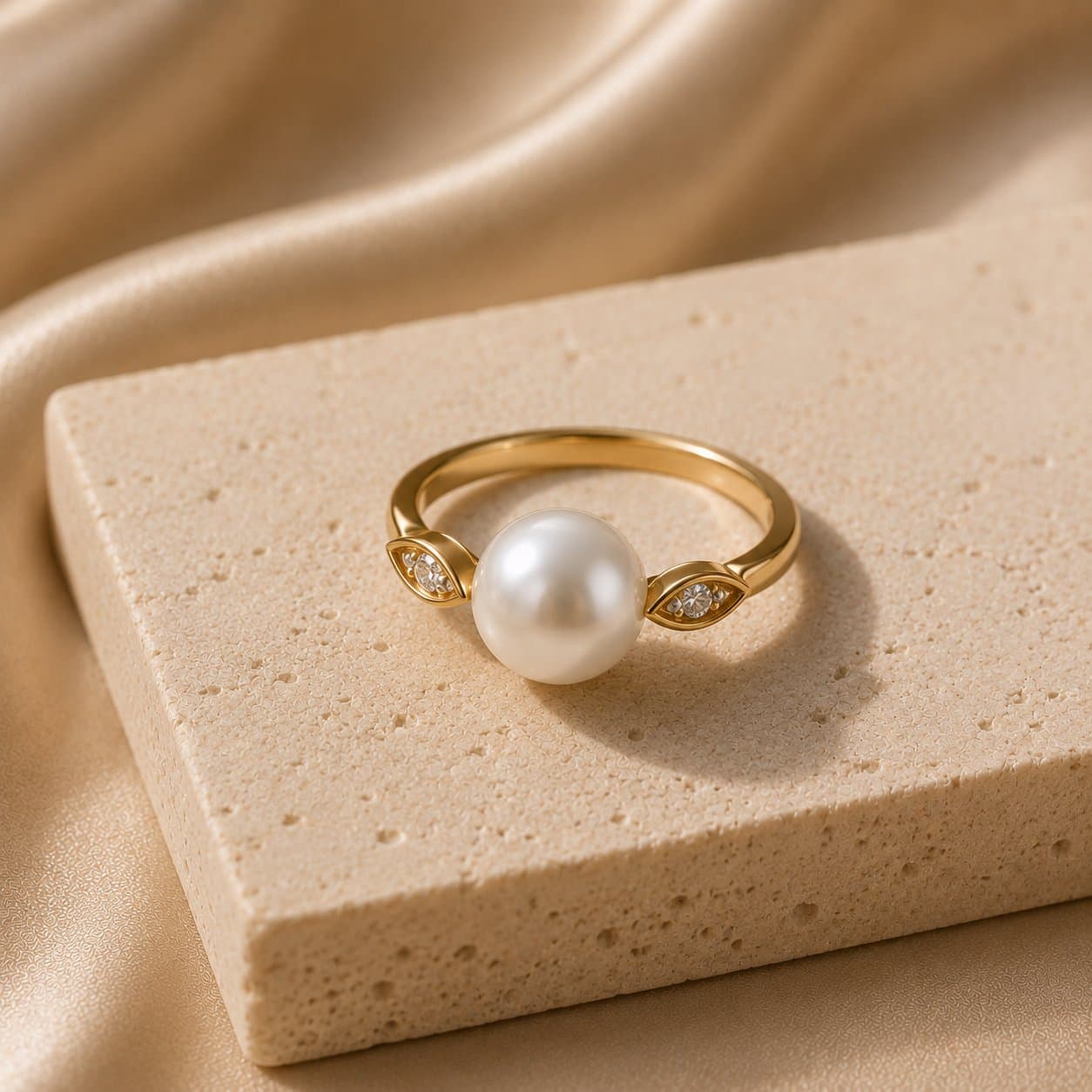 Pearl ring with diamond-set leaf motifs in gold