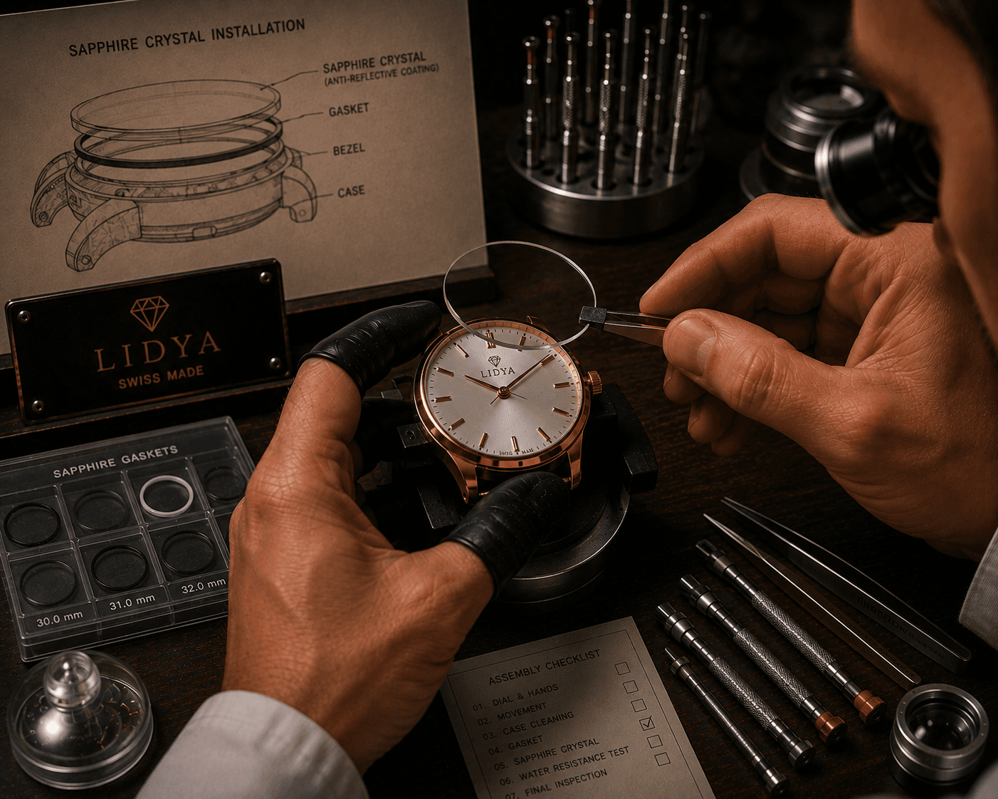 LIDYA Watchmaking Process โ Sapphire Crystal Installation