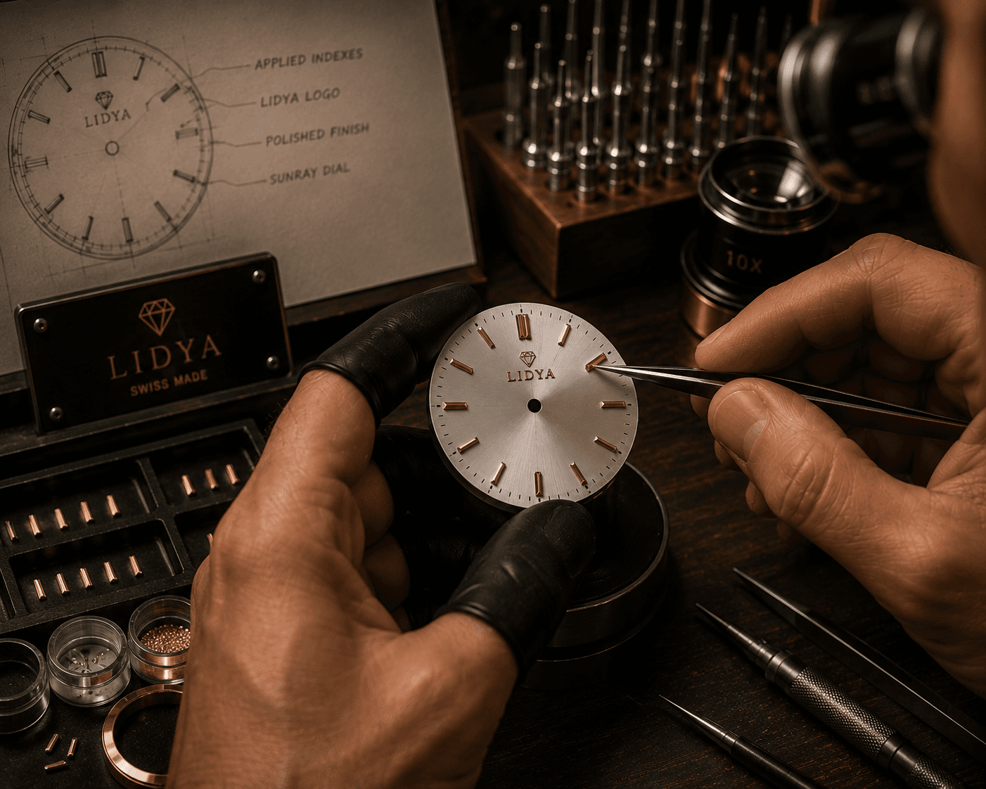 LIDYA Watchmaking Process โ Application of Indices and LIDYA Logo