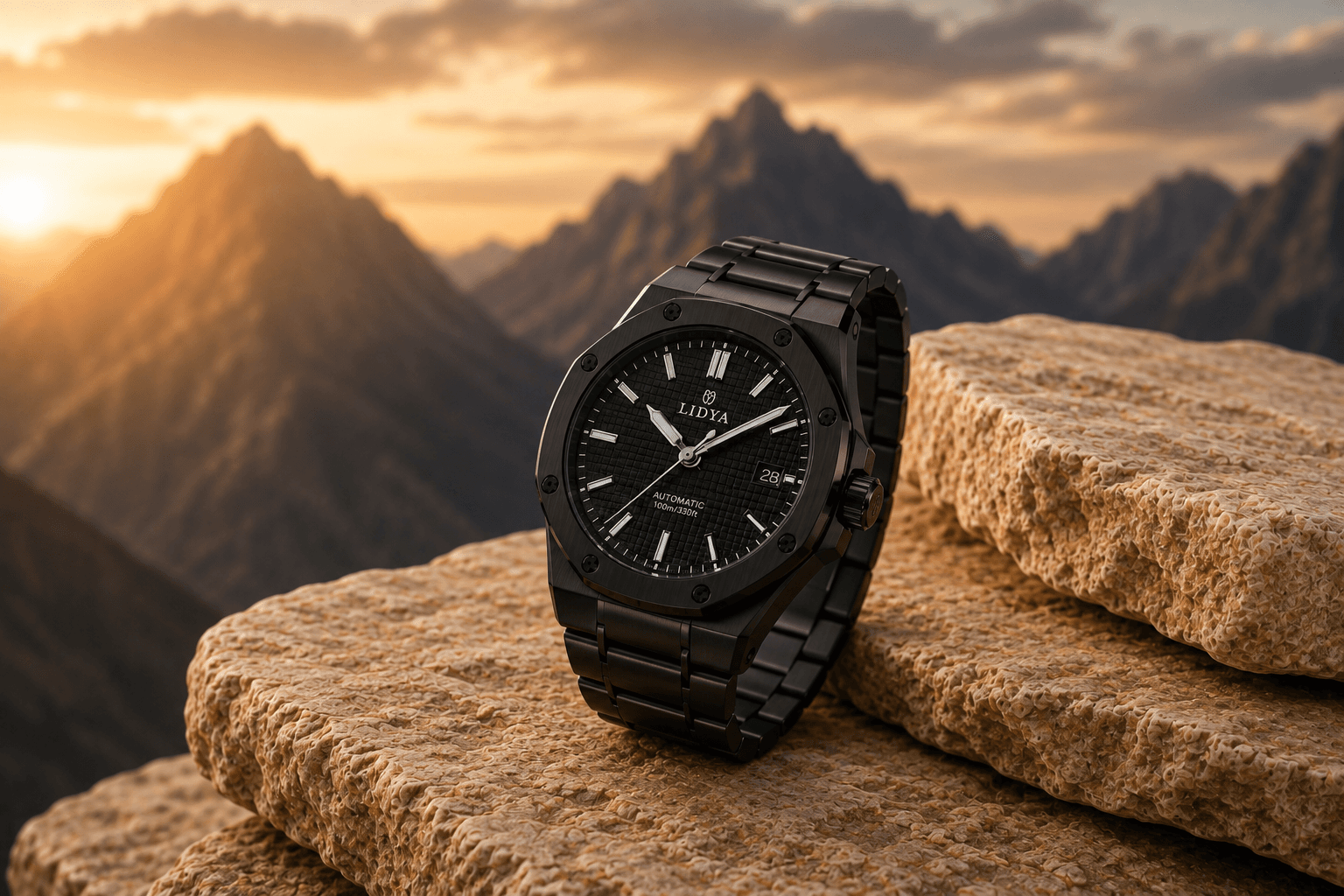 Men's watch with a dark dial and polished case