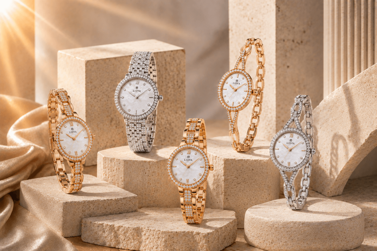 Luxury women's watches presented in an elegant LIDYA setting