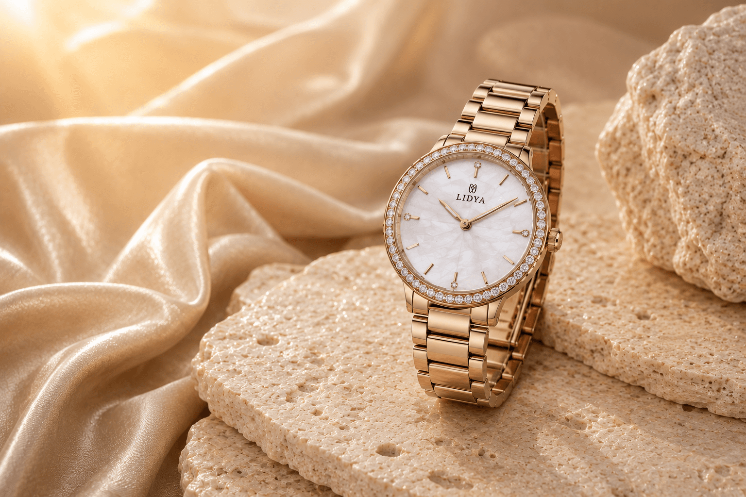 Women's rose gold watch in an elegant setting