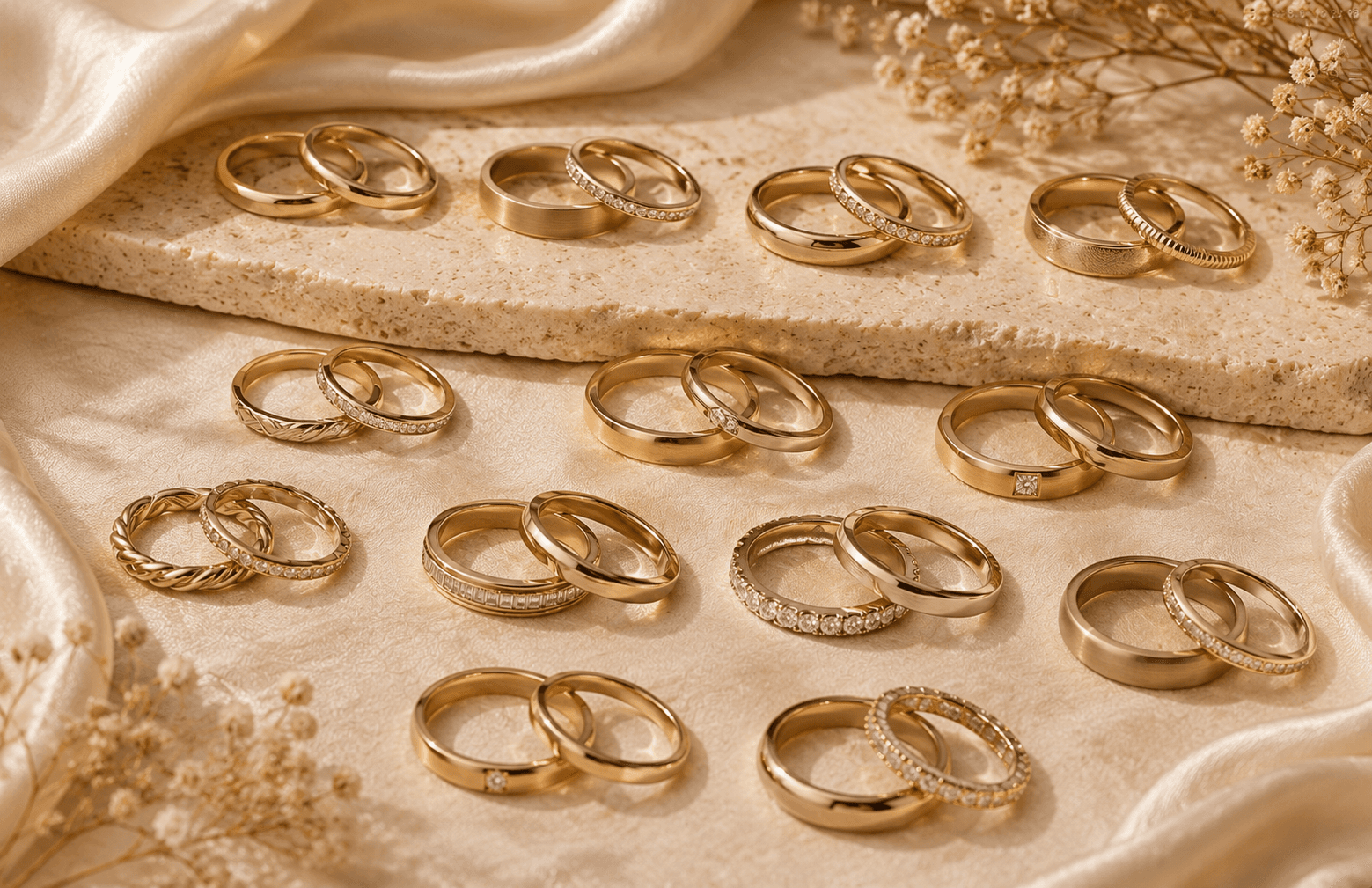 LIDYA wedding ring collection arranged on champagne fabric and natural stone