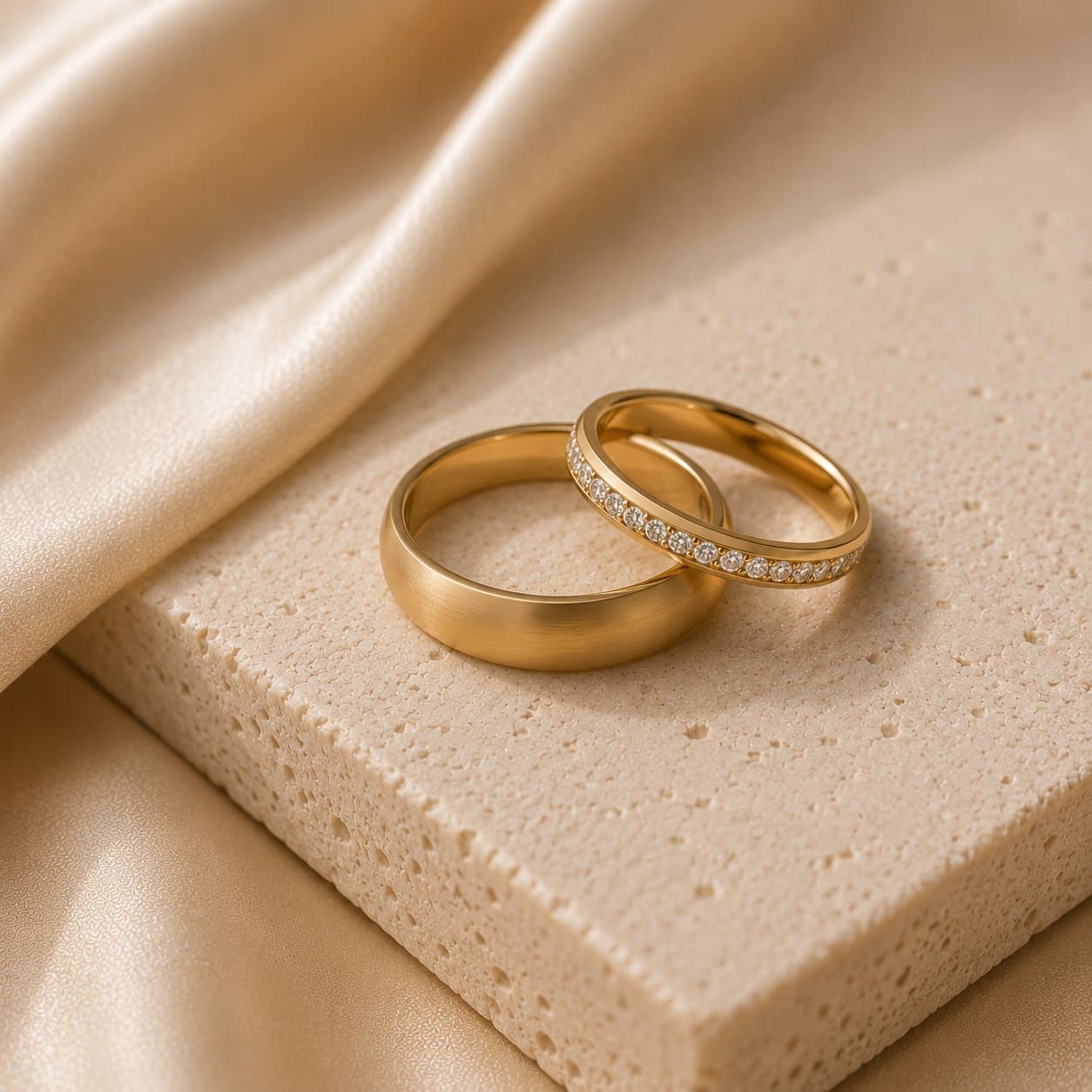 Brushed gold band and pavé diamond band together