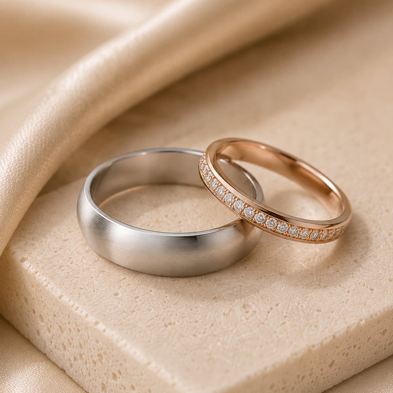 White gold and rose gold pavé diamond wedding bands