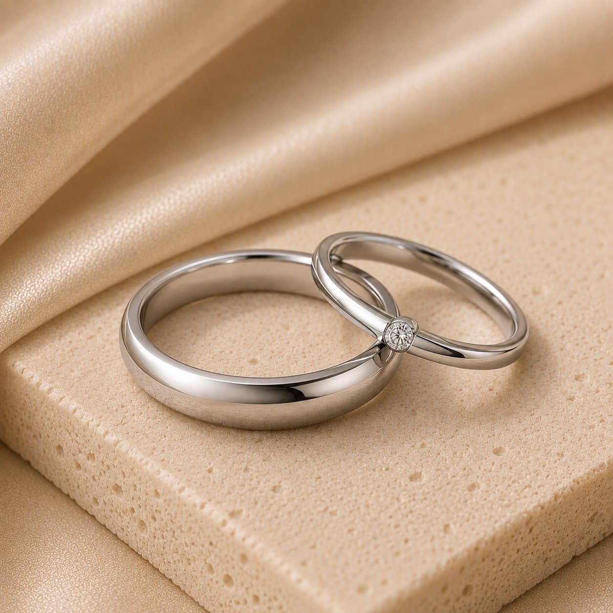 Platinum bands, one set with a single bezel diamond