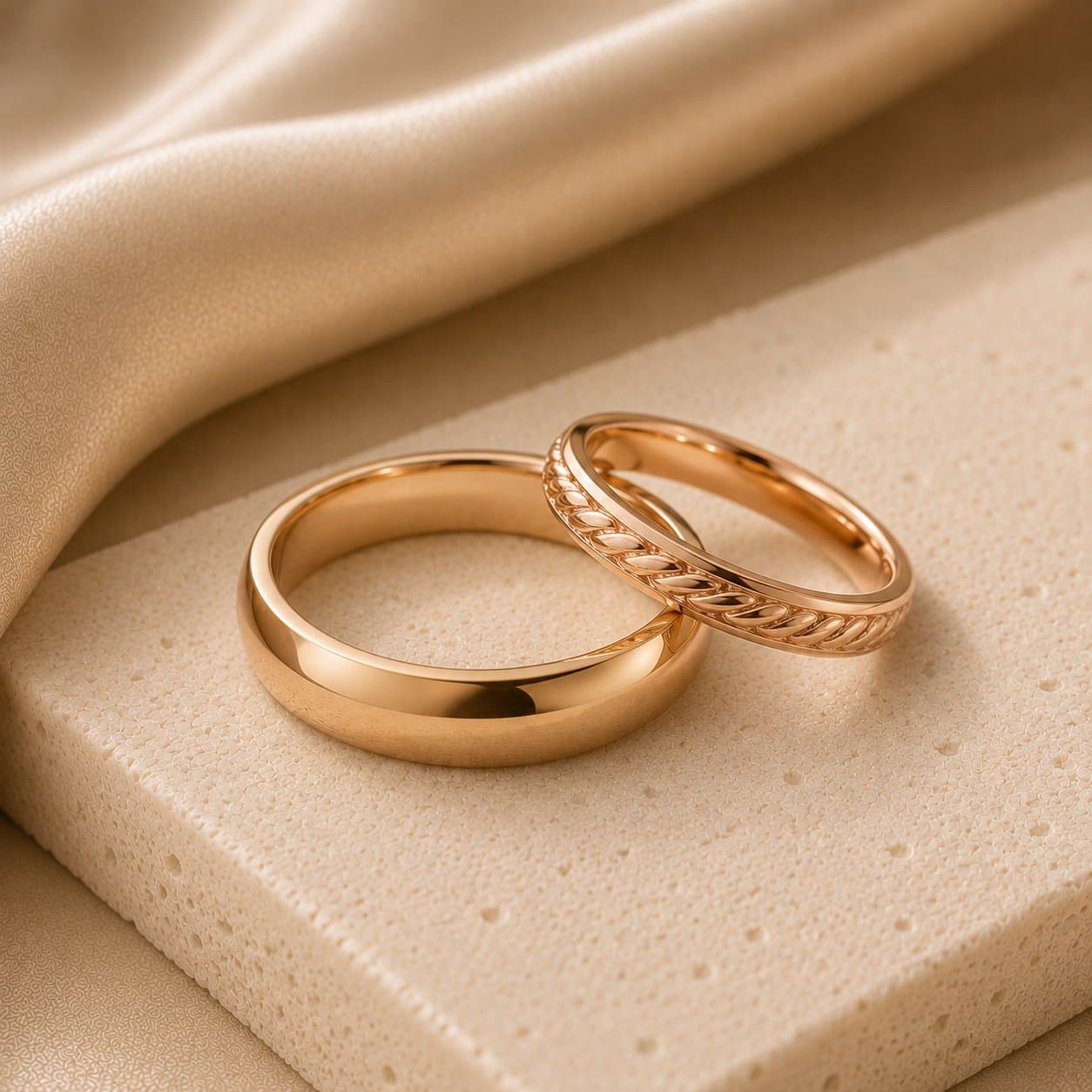 Rose gold bands, one with a woven textured pattern