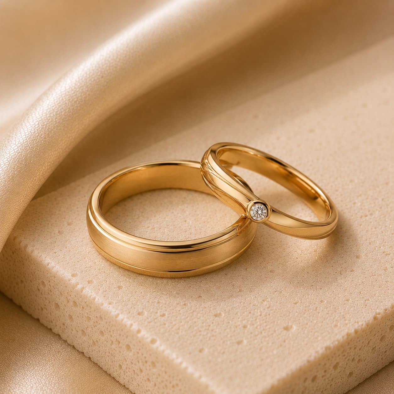 Yellow gold bands, one with a single diamond accent