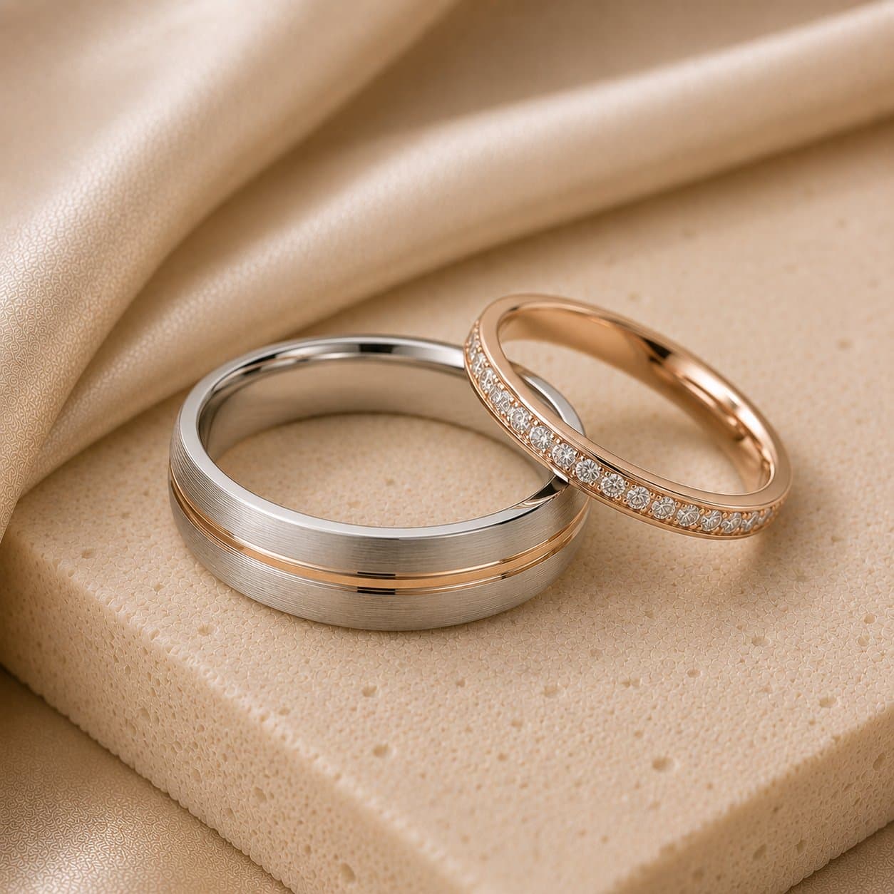 White and rose gold bands with pavé diamonds
