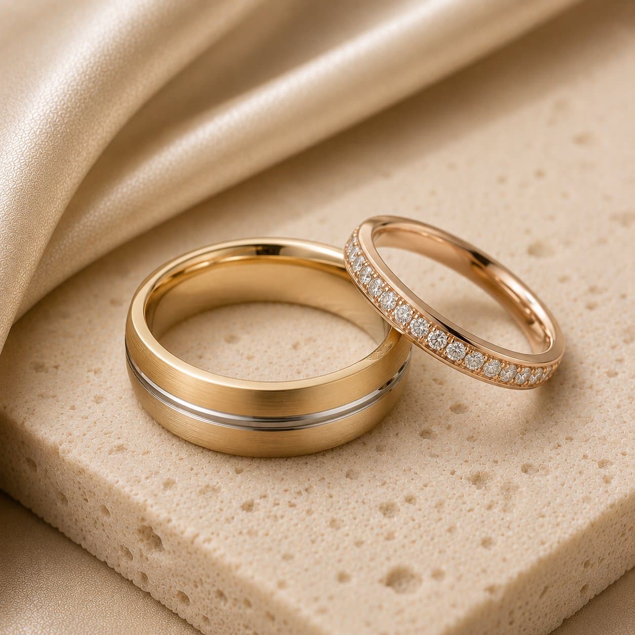 Yellow gold grooved band with a rose gold pavé diamond band